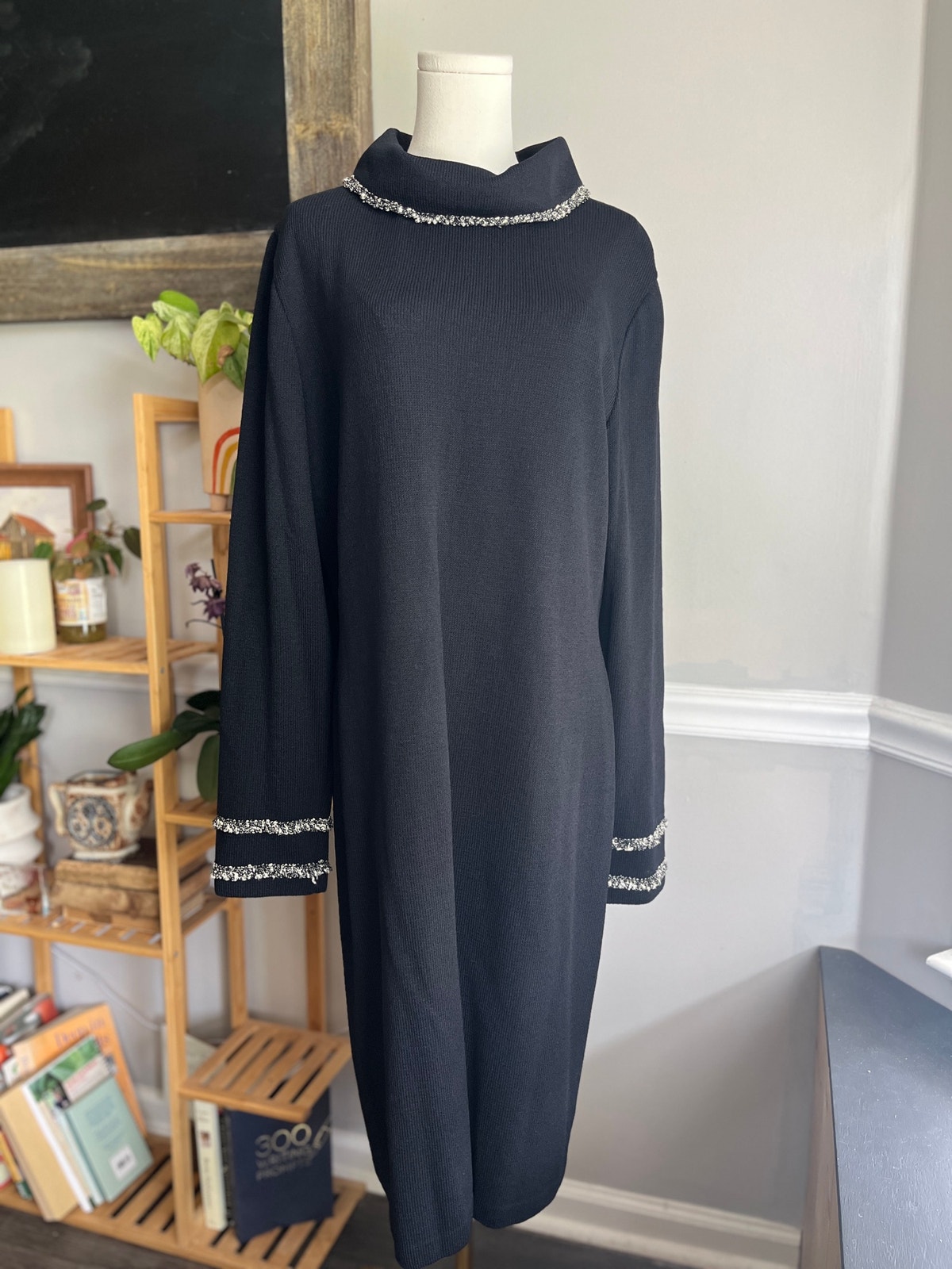 Vintage Y2k Navy Knit Midi Dress St. John Nwt Turtleneck Wool Blend Size 16 Xl